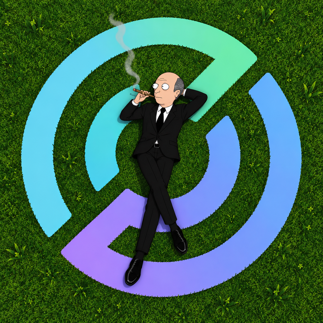 Joromy in a suit lying across the grass-cut Arc logo smoking a cigar