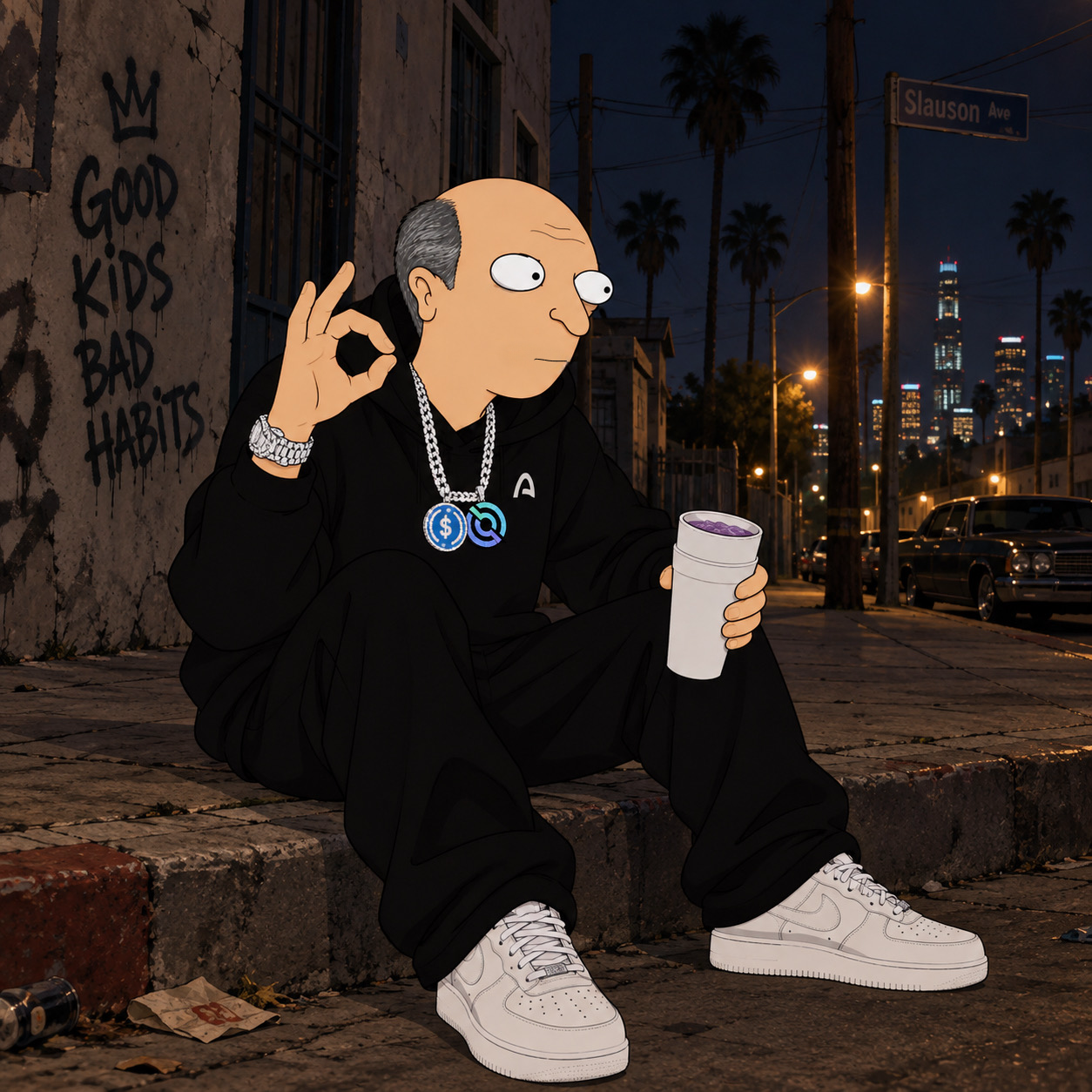 Joromy on a curb with iced chains: "Good Kids Bad Habits"