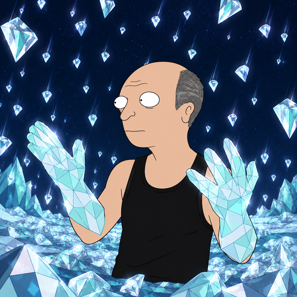 Joromy with crystalline diamond hands amid a diamond rain