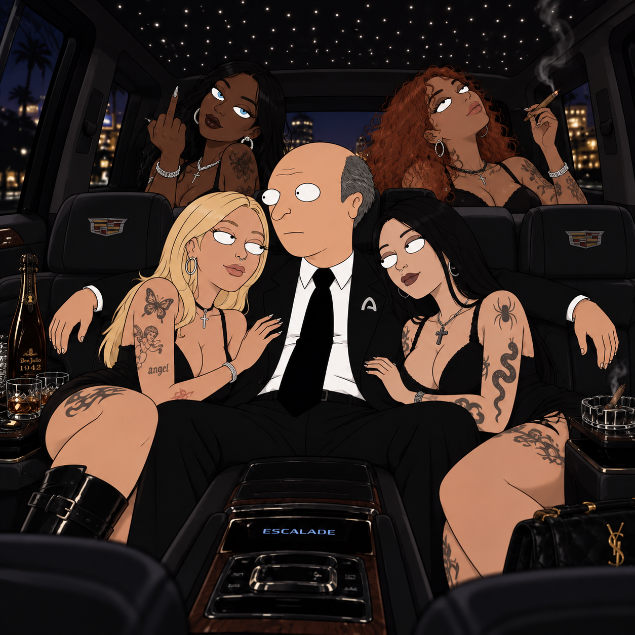Joromy in a Cadillac Escalade surrounded by women