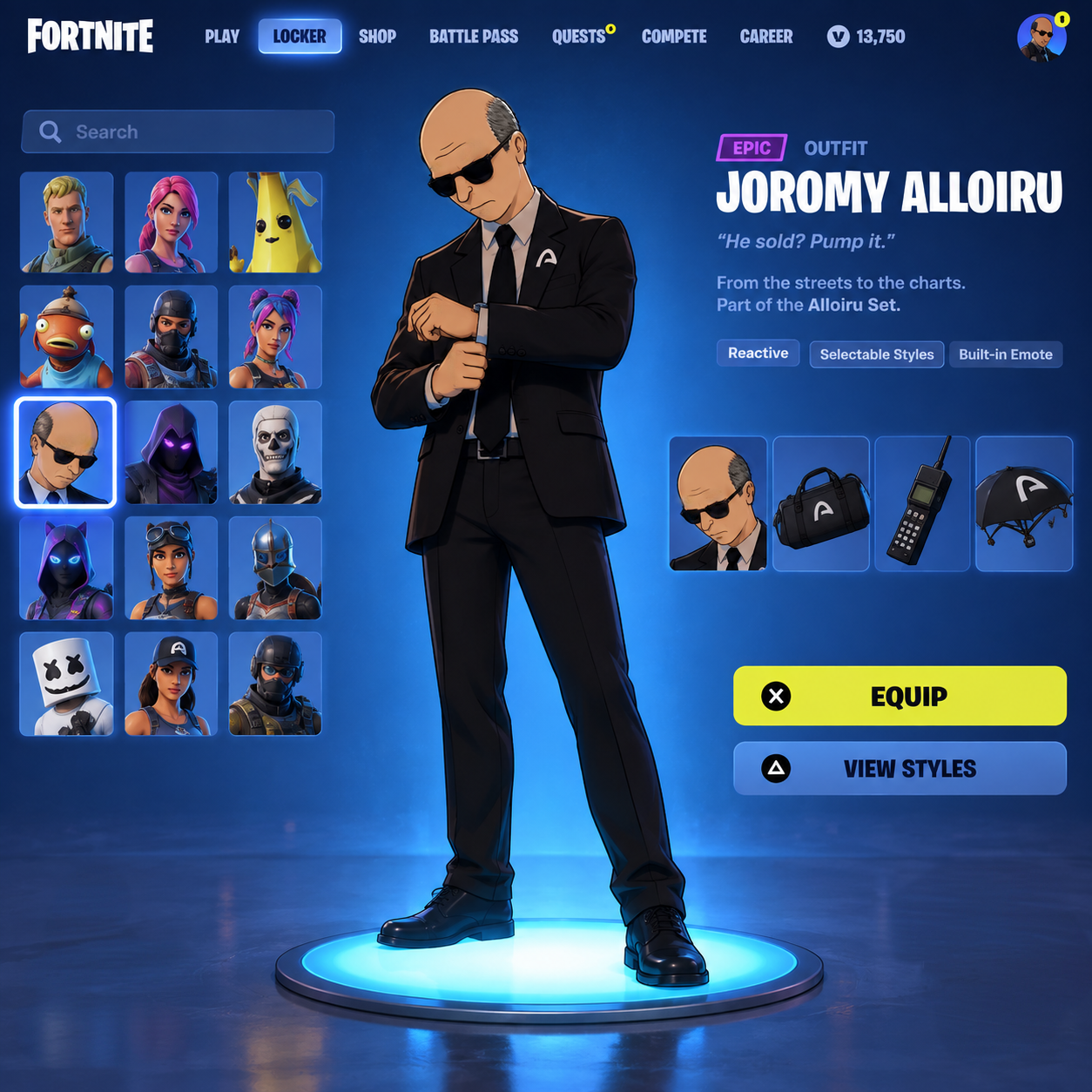 Joromy Alloiru Fortnite locker skin checking his watch