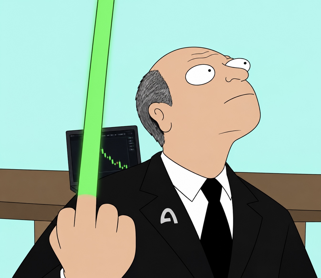 Joromy flipping a giant green-candle middle finger at the trading screen