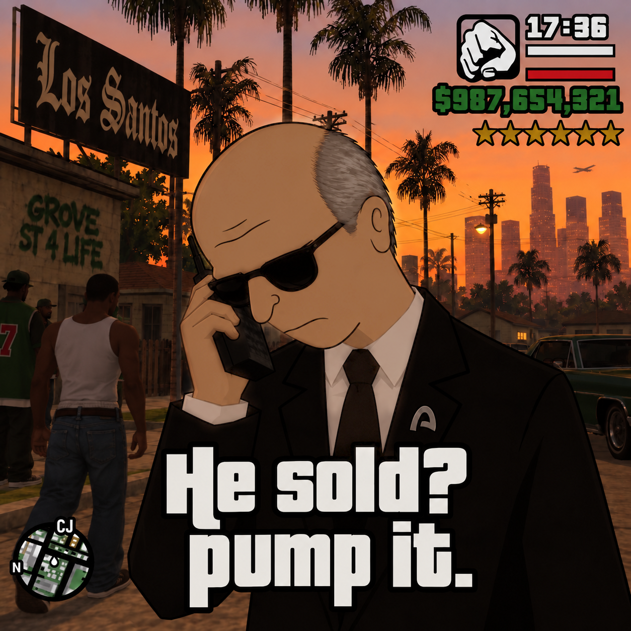 Joromy on the phone in a Los Santos street scene: "He sold? pump it."