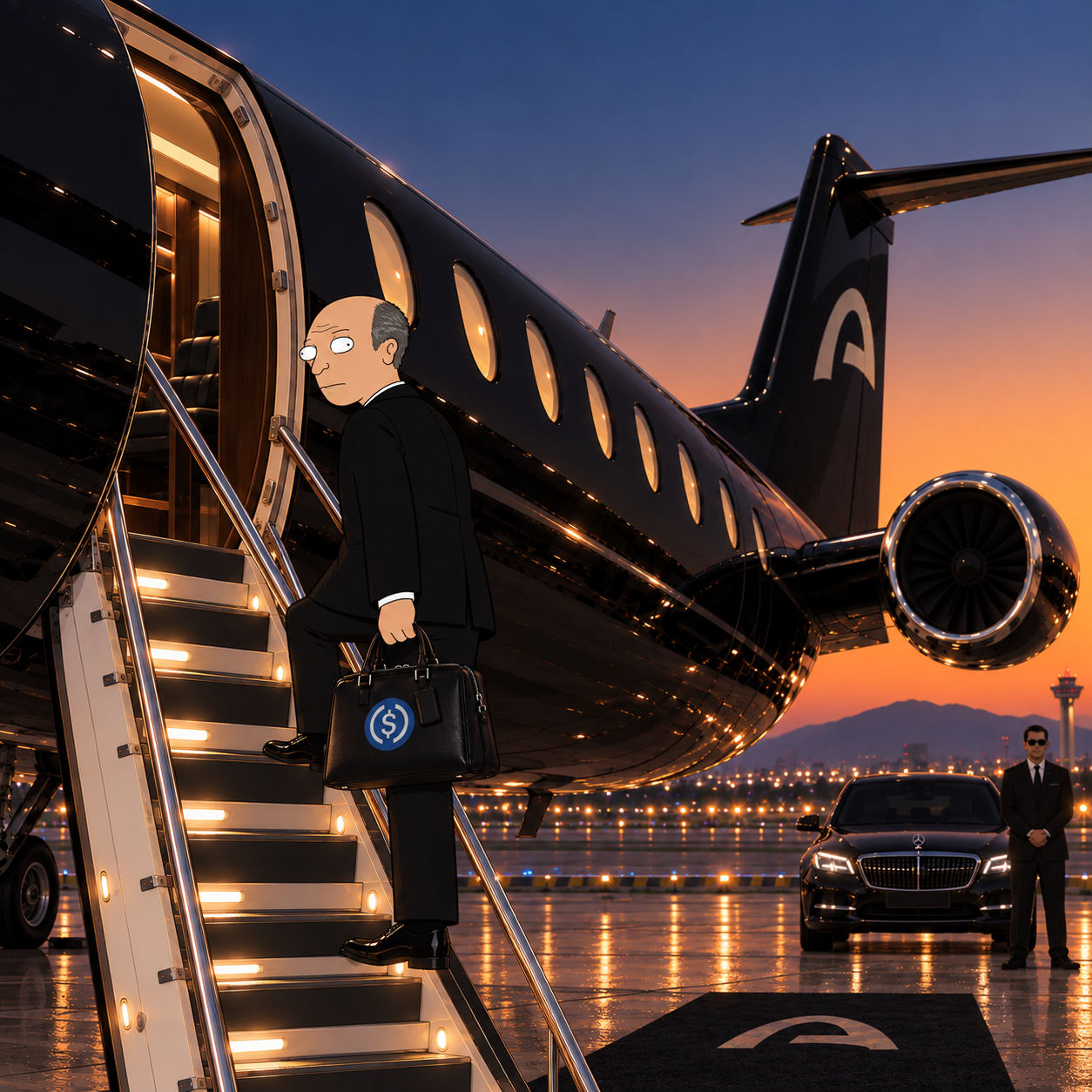Joromy stepping off a private jet with a USDC briefcase