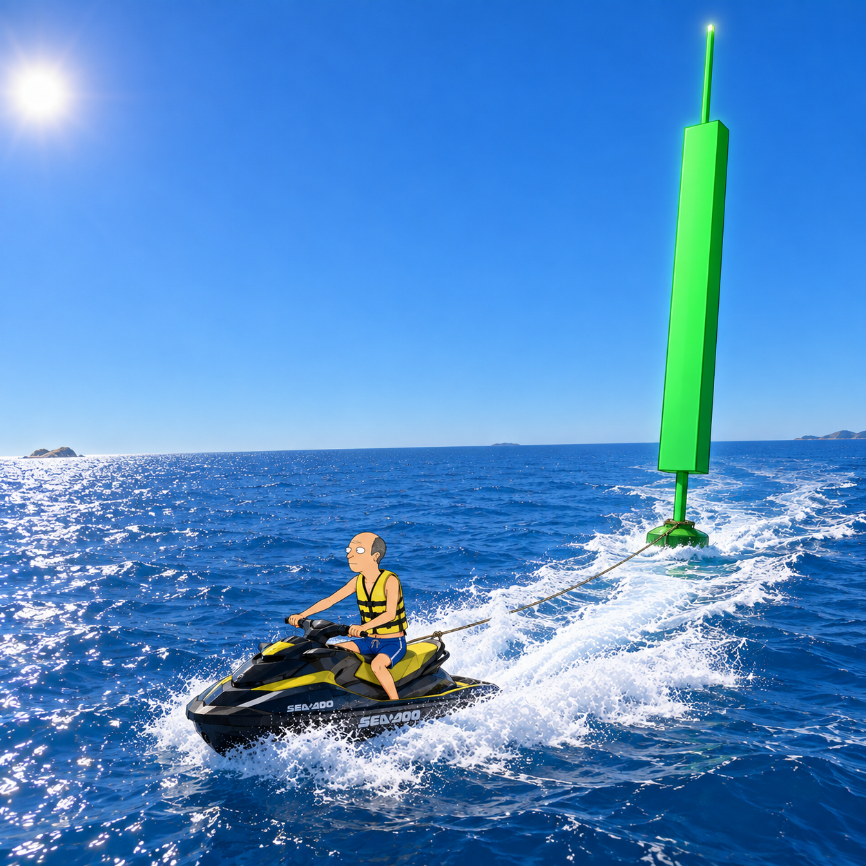 Joromy on a Sea-Doo jet ski towing a giant green-candle buoy