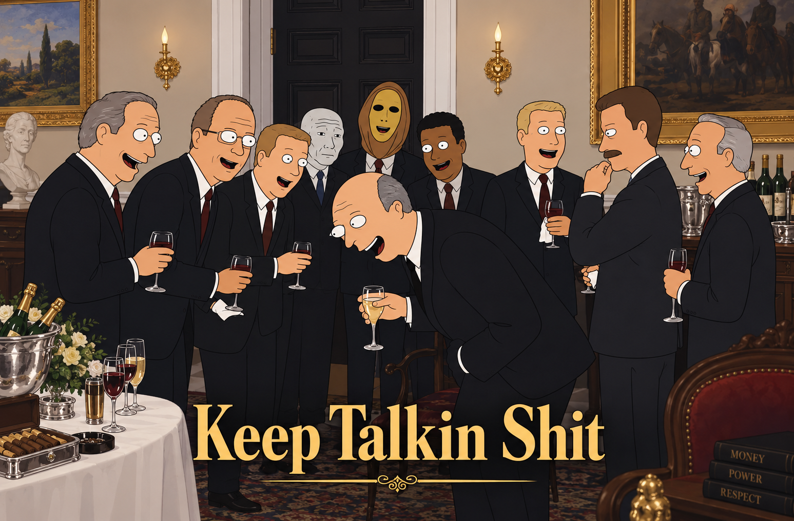 Joromy laughing among a room of suits: "Keep Talkin Shit"