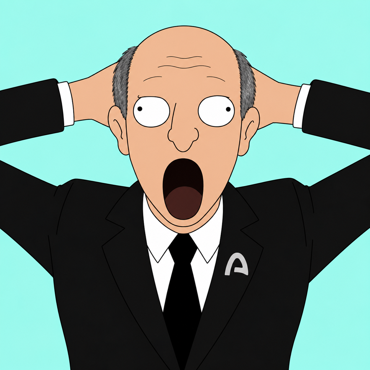 Joromy screaming with hands on his head against a teal background