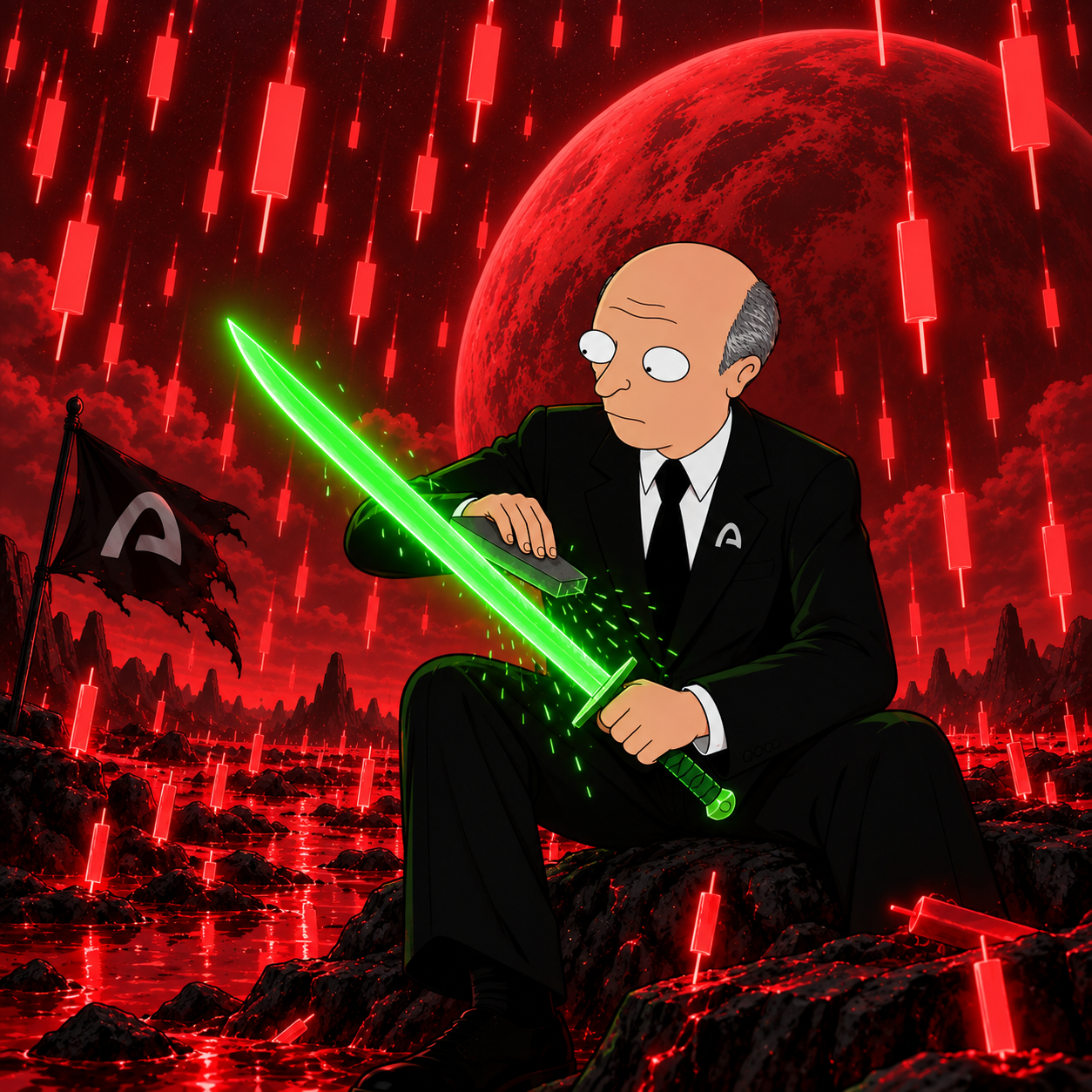 Joromy wielding a green-candle sword under a blood-red candle rain