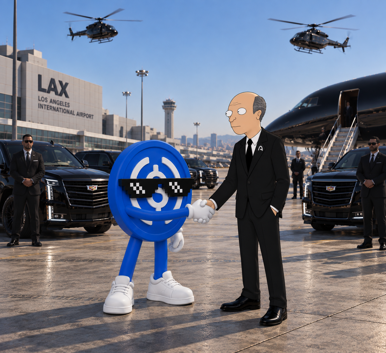 Joromy shaking hands with the blue USDC mascot on the LAX tarmac